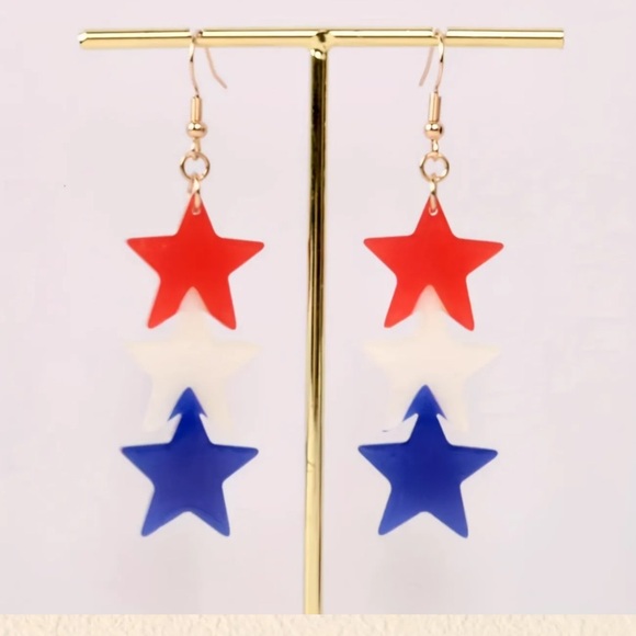 Bold large USA flag colors triple star dangle earrings gold tone for women nwt - Picture 1 of 4